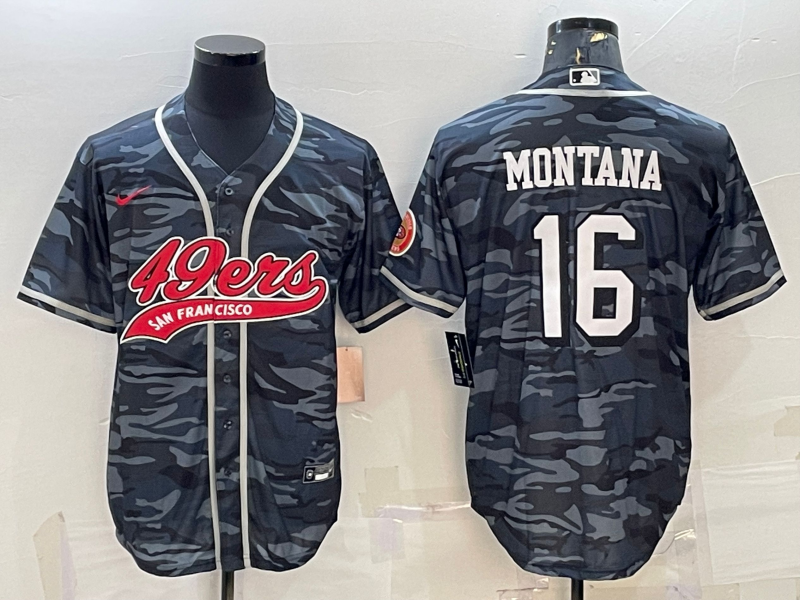 Men's San Francisco 49ers #16 Joe Montana Grey Camo With Patch Cool Base Stitched Baseball Jersey Men's San Francisco 49ers #16 Joe Montana Grey Camo With Patch Cool Base Stitched Baseball Jersey